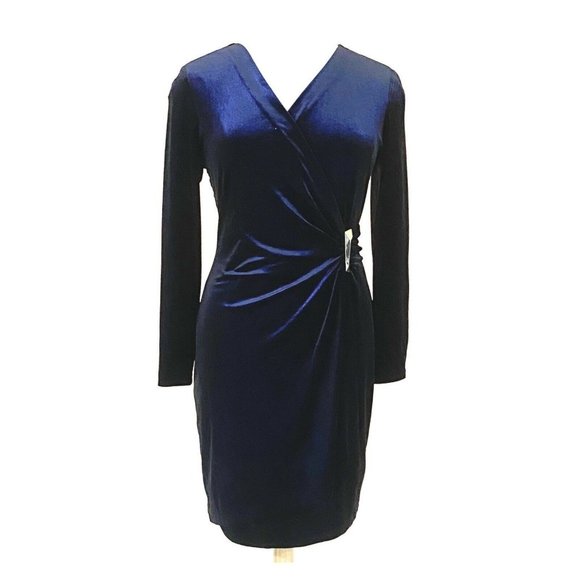 Calvin Klein Shimmery Sapphire Velvet Faux Wrap Side Gold Buckle Dress - Picture 3 of 9